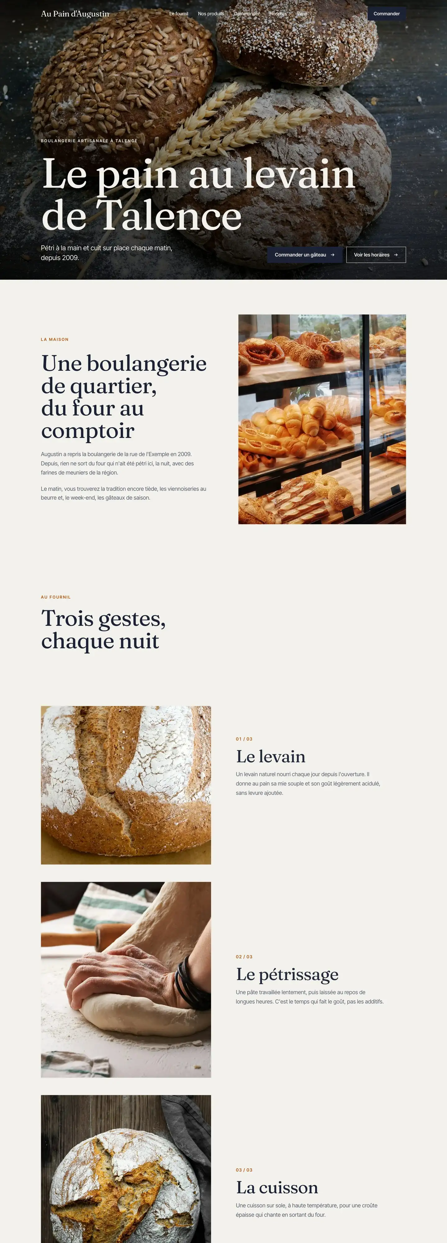 Boulangerie fictive sur ordinateur : grand titre à empattements sur des miches au levain, vitrine de viennoiseries
