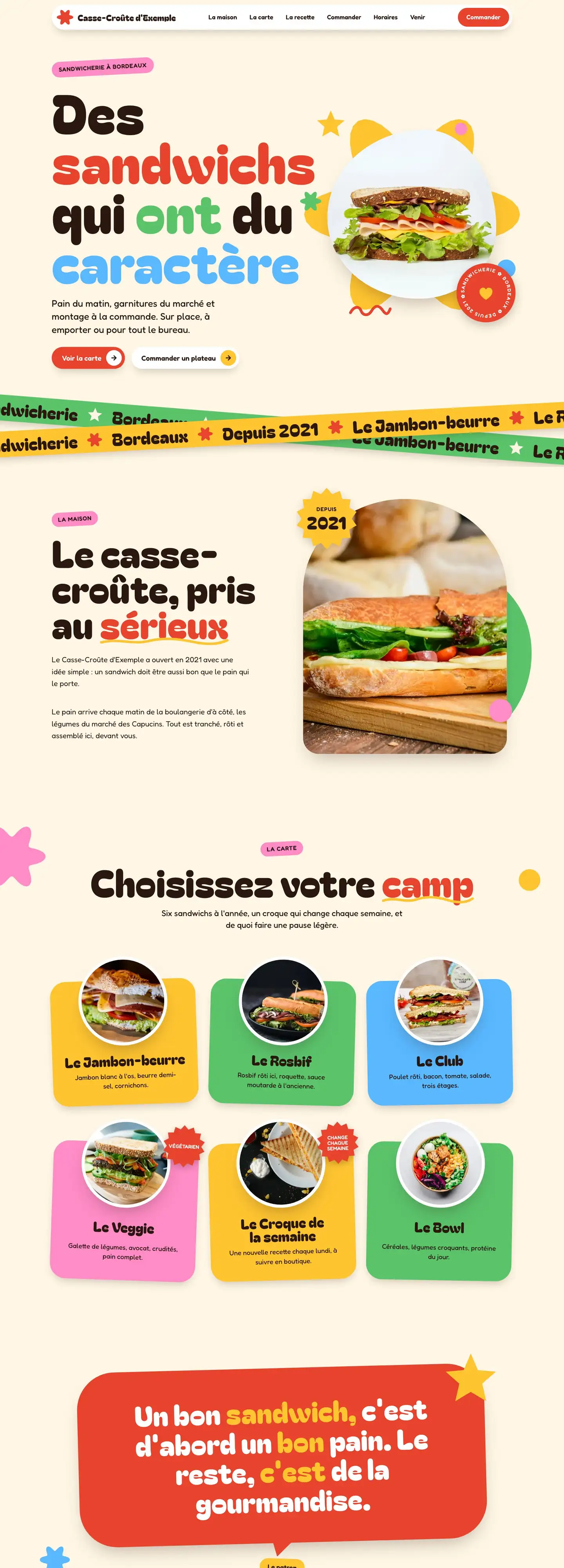 Sandwicherie fictive sur ordinateur : titres très gras multicolores, photos découpées en formes rondes, cartes de couleurs vives